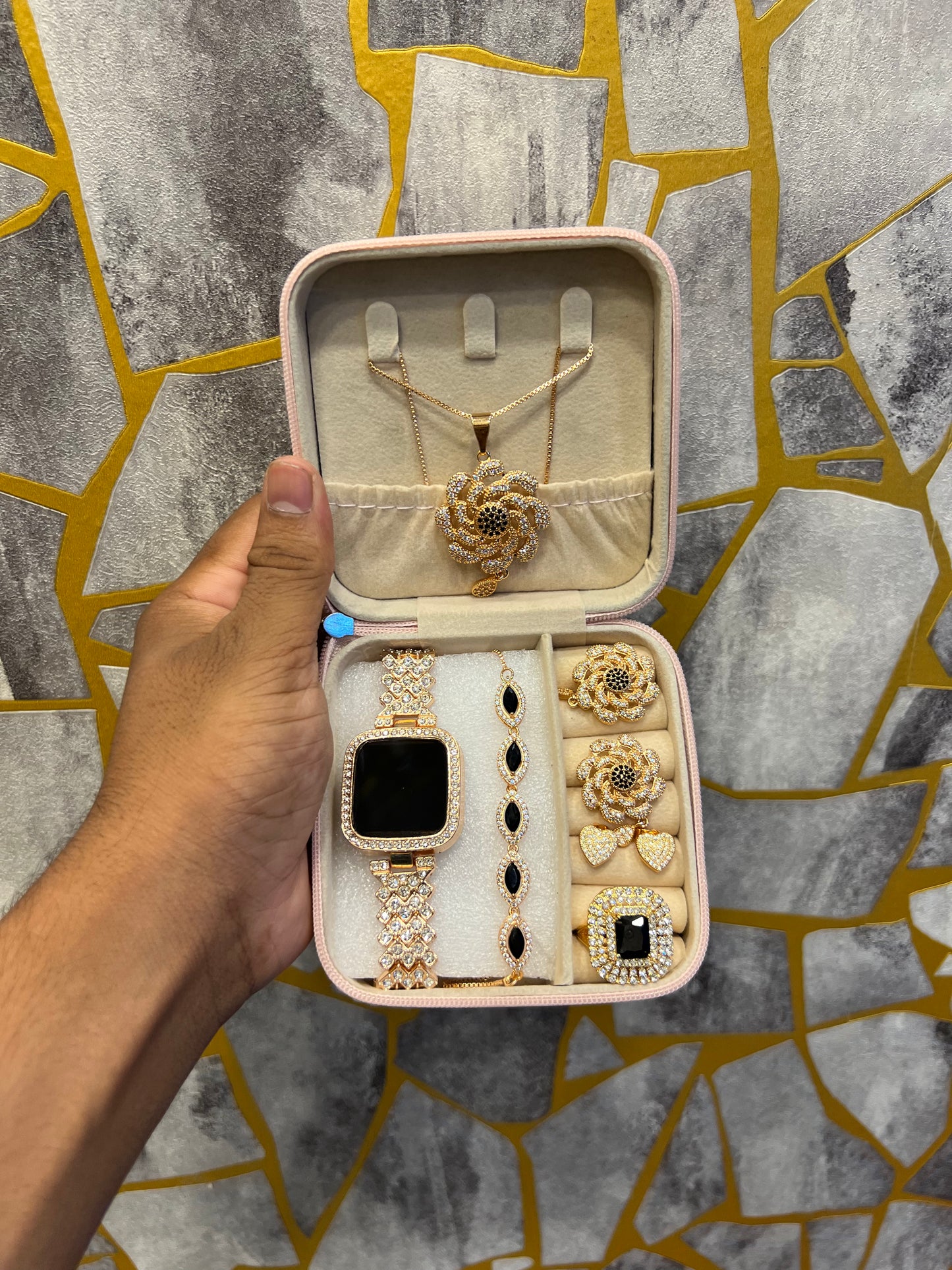 5 in one jewelry combo box  rings watch bracelet  and chain best set